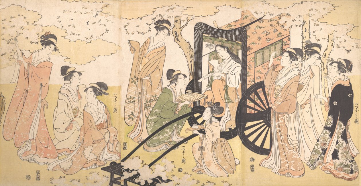 Wycieczka Wiśniowa Szlachetnej Damy i Pomocników, ca. 1797. autorstwa Hosoda Eishi
