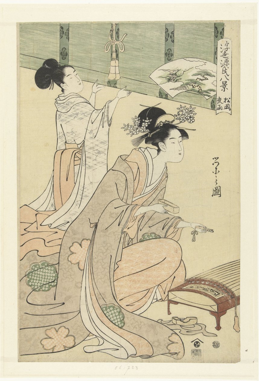 Wieczorny deszcz i wiatr w sosnach. Matsukaze yau (tytuł na obiekcie) Osiem pływających twarzy świata z historii Genji. (tytuł serii) Ukiyo Genji hakkei (tytuł serii na obiekcie) autorstwa Hosoda Eishi