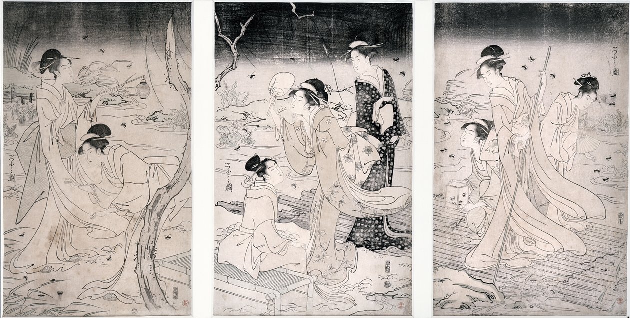 Polowanie na świetliki o zmroku, 1796-97 (drewnodruk) autorstwa Hosoda Eishi