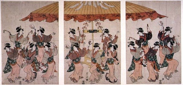 Taniec Sumiyoshi, tryptyk, ok. 1791 (kolorowy drzeworyt) autorstwa Hosoda Eishi
