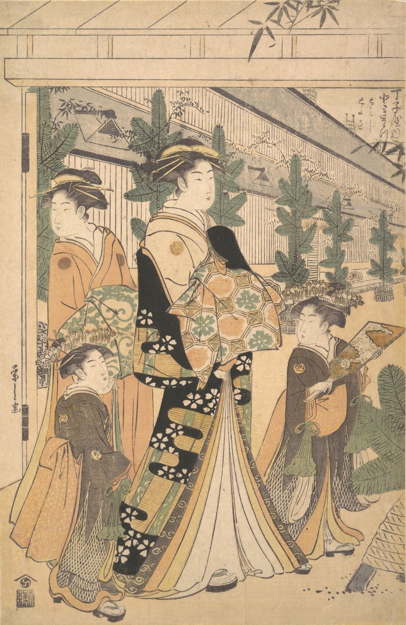 Dwóch Oiran z dwiema asystentkami w Yoshiwara. autorstwa Hosoda Eishi