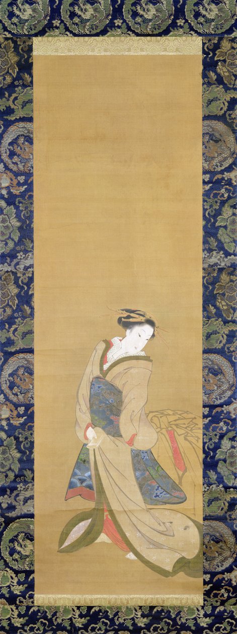 Elegancka kobieta w niebieskim obi (pióro i atrament na jedwabiu) autorstwa Hotei Gosei