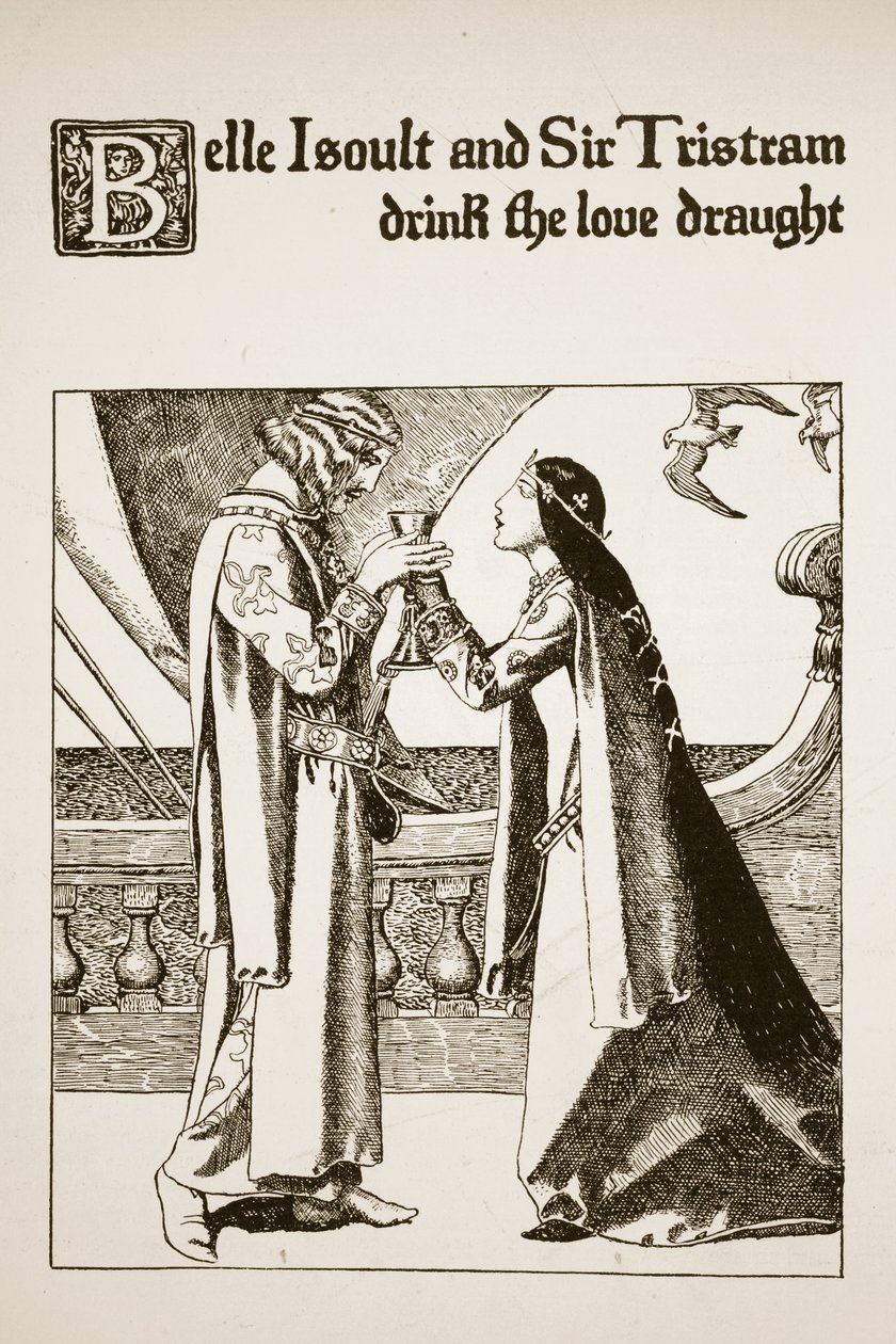 Belle Iseult i Sir Tristram wypili suszę miłosną, ilustracja z „Historii mistrzów Okrągłego Stołu” autorstwa Howard Pyle