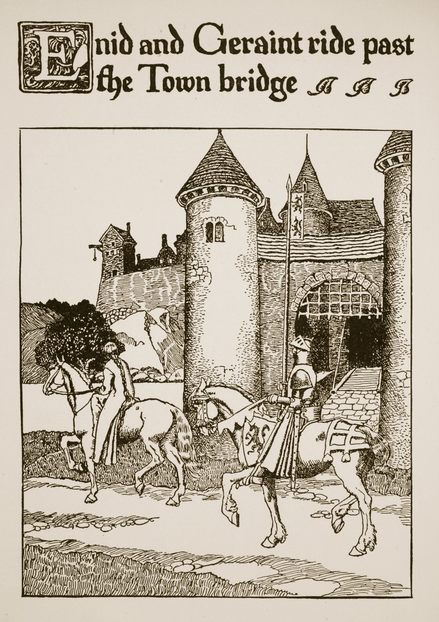 Enid i Geraint przejeżdżają obok mostu miejskiego, ilustracja z „Historii o Graalu i odejściu Artura”, ok. 1910 autorstwa Howard Pyle