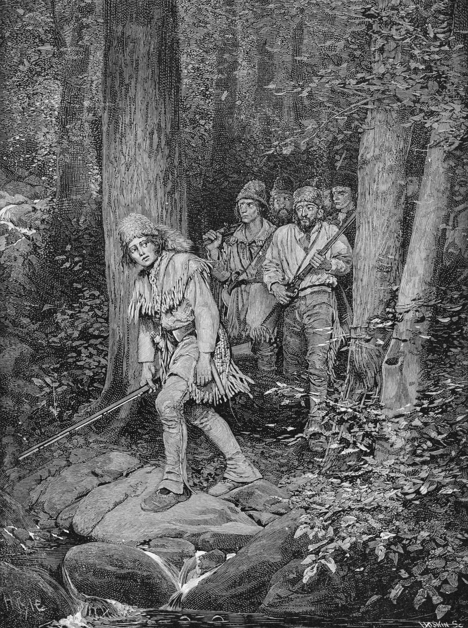 Joseph Brown prowadzący swoją kompanię do Nicojack, Twierdzy Chickamaugas, grawerowany przez Roberta Hoskina, ilustracja z „Południowej bramy do Alleghanies” Edmunda Kirke, wyd. w Harperze autorstwa Howard Pyle