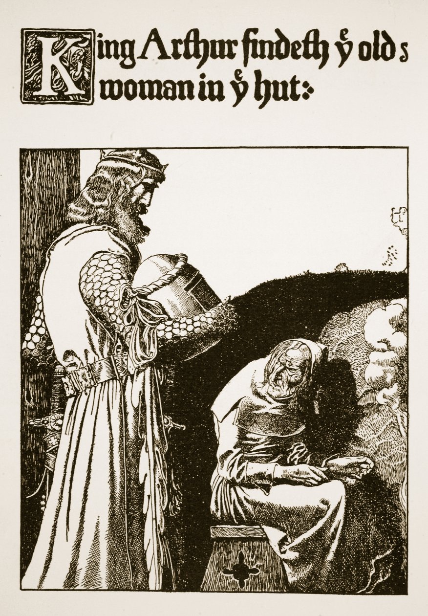 Król Artur znajduje w waszej chacie roczną kobietę, ilustracja z „Historii króla Artura i jego rycerzy”, 1903 autorstwa Howard Pyle