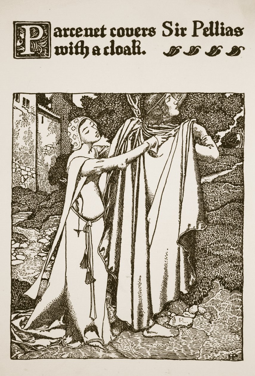 Parcenet okrywa Sir Pelliasa płaszczem, ilustracja z „Historii króla Artura i jego rycerzy”, 1903 autorstwa Howard Pyle
