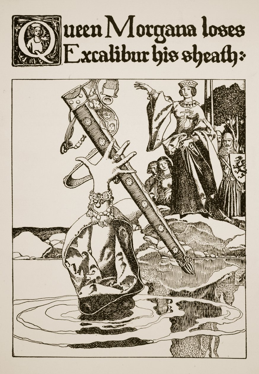 Królowa Morgana traci pochwę Excalibura, ilustracja z „Historii króla Artura i jego rycerzy”, 1903 autorstwa Howard Pyle