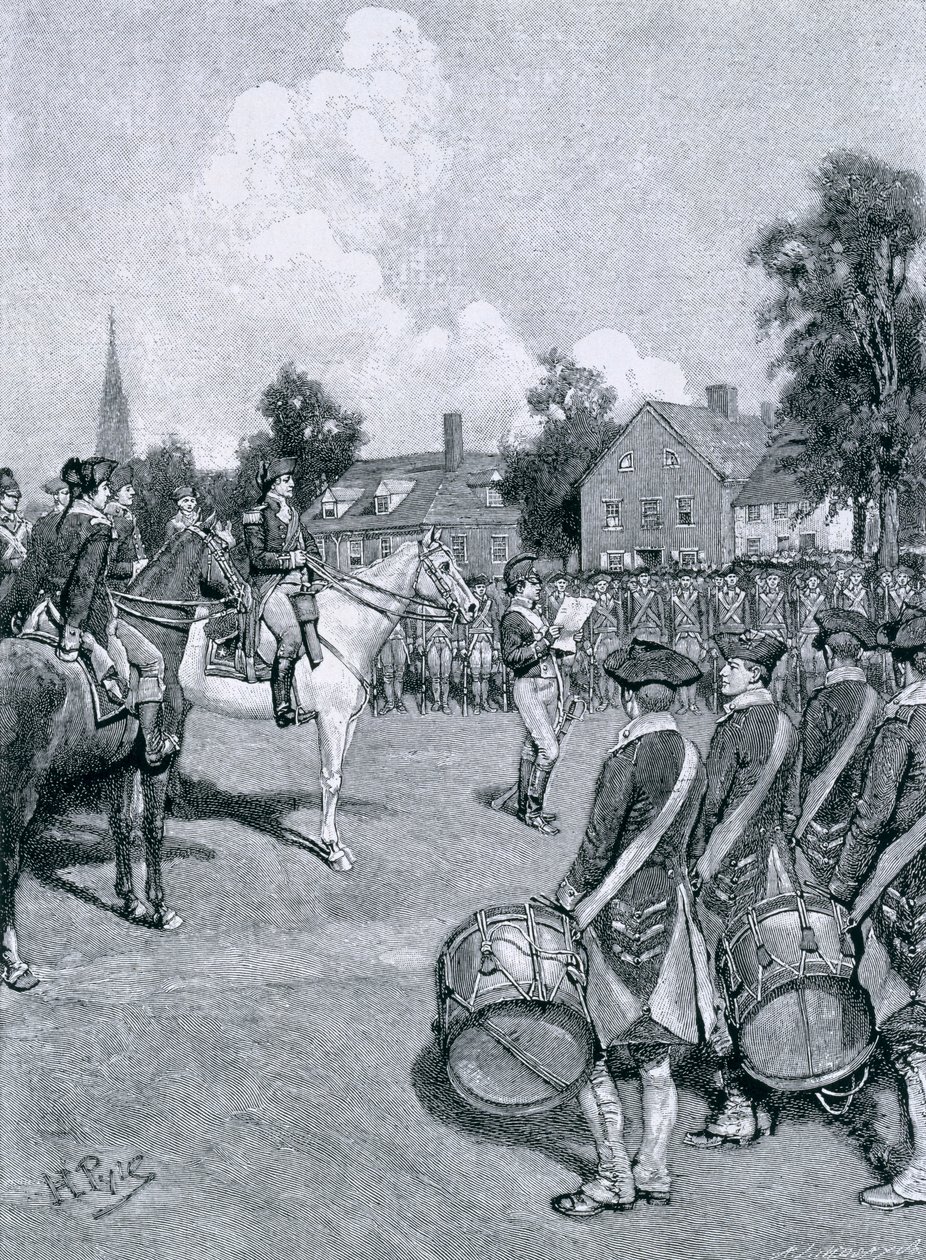 Czytanie Deklaracji przed Armią Waszyngtona, Nowy Jork, 9 lipca 1776, ilustracja z książki Charles D. Deshler „Jak Deklaracja została przyjęta w starej trzynastce”, wyd. w Magazynie Harpera, 1 autorstwa Howard Pyle