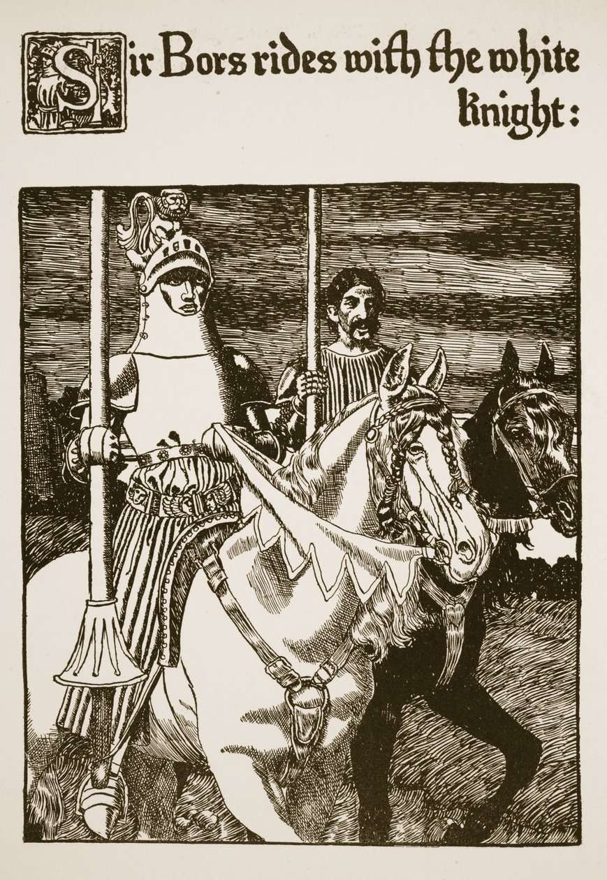 Sir Bors jedzie z Białym Rycerzem, ilustracja z „Historia Graala i odejście Artura”, ok. 1910 autorstwa Howard Pyle
