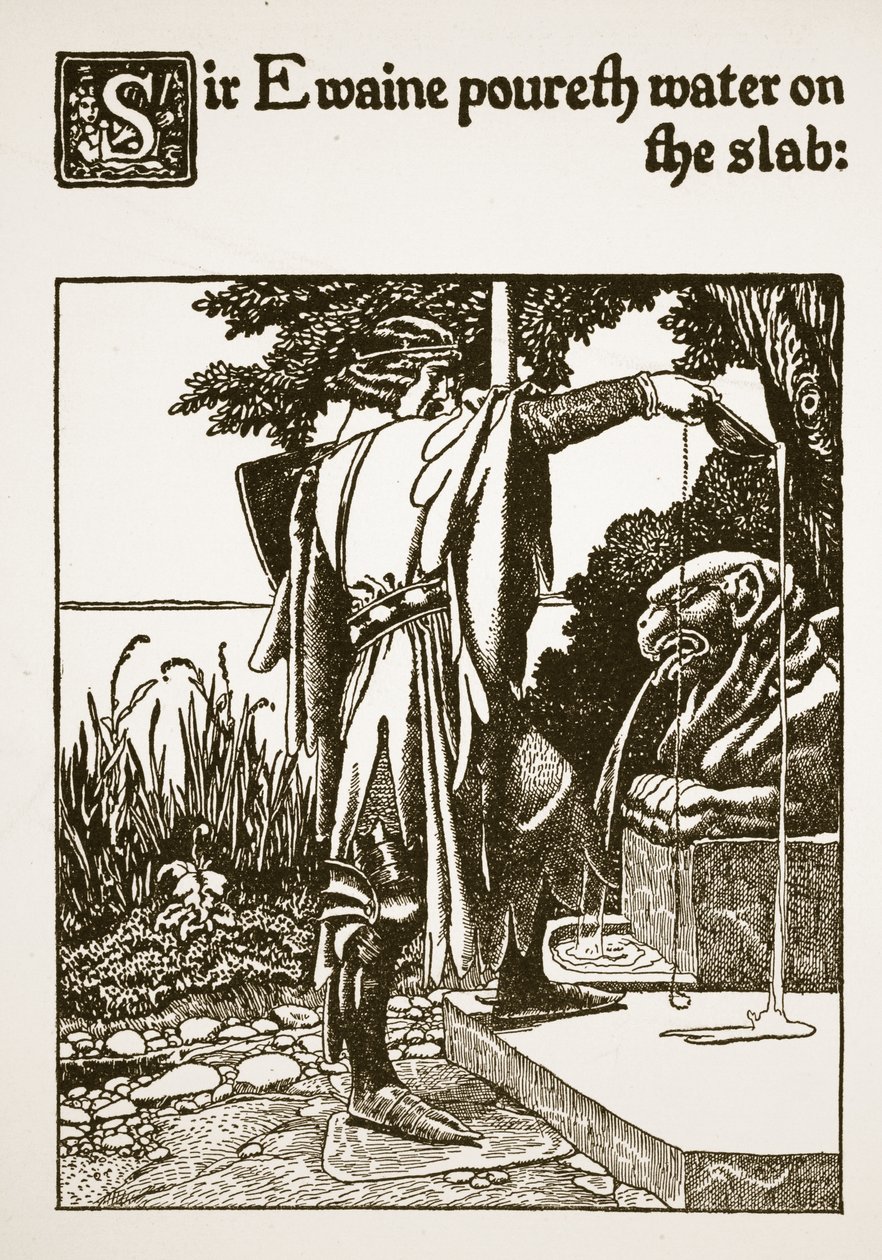 Sir Ewaine nalewa wodę na płytę, ilustracja z „Historia Sir Launcelota i jego towarzyszy”, 1907 autorstwa Howard Pyle