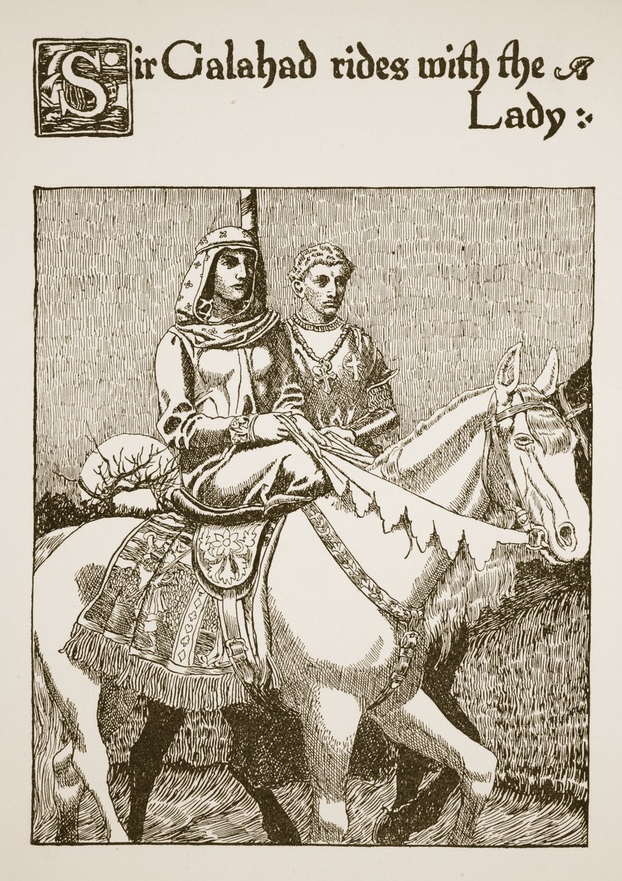Sir Galahad jedzie z Panią, ilustracja z „Historii o Graalu i odejściu Artura”, ok. 1910 autorstwa Howard Pyle