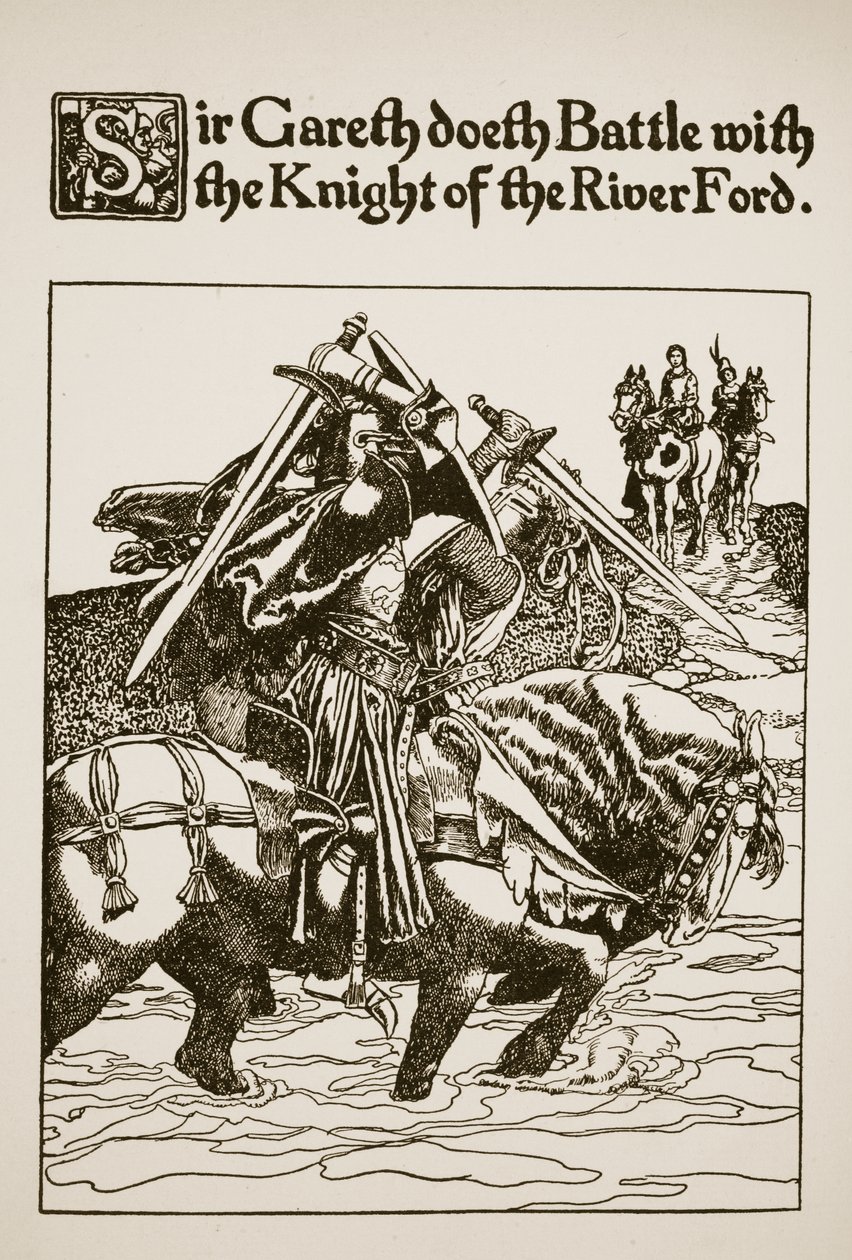 Sir Gareth walczy z Rycerzem Rzeki Ford, ilustracja z „The Story of Sir Launcelot and his Companions”, 1907 autorstwa Howard Pyle
