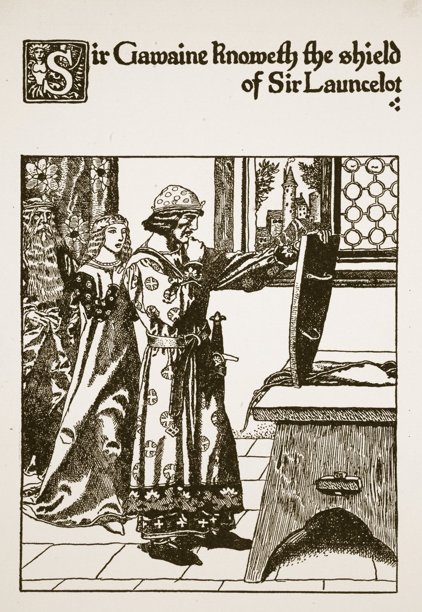 Sir Gawaine zna tarczę Sir Launcelota, ilustracja z 