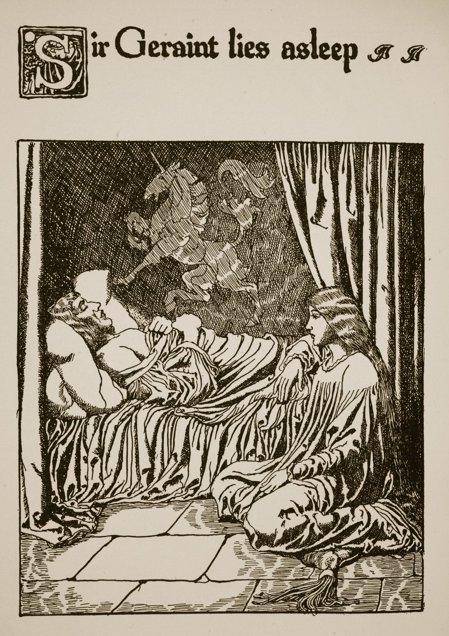 Sir Geraint śpi, ilustracja z „Historii o Graalu i odejściu Artura”, ok. 1910 autorstwa Howard Pyle
