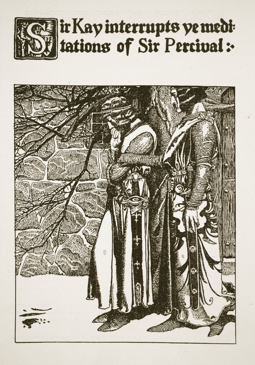 Sir Kay przerywa medytacje Sir Percivala, ilustracja z „Historii mistrzów Okrągłego Stołu” autorstwa Howard Pyle