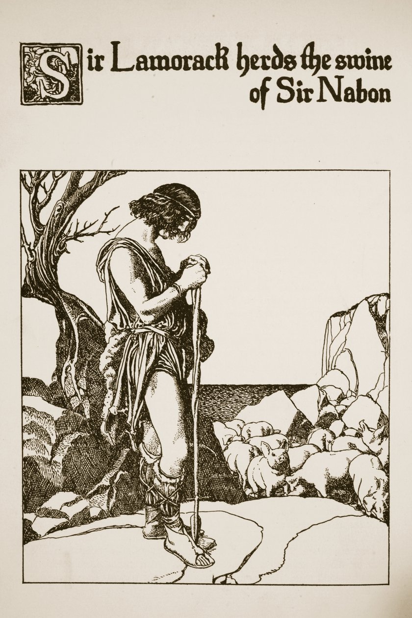 Sir Lamorack pasie świnie Sir Nabona, ilustracja z „Historii mistrzów Okrągłego Stołu” autorstwa Howard Pyle