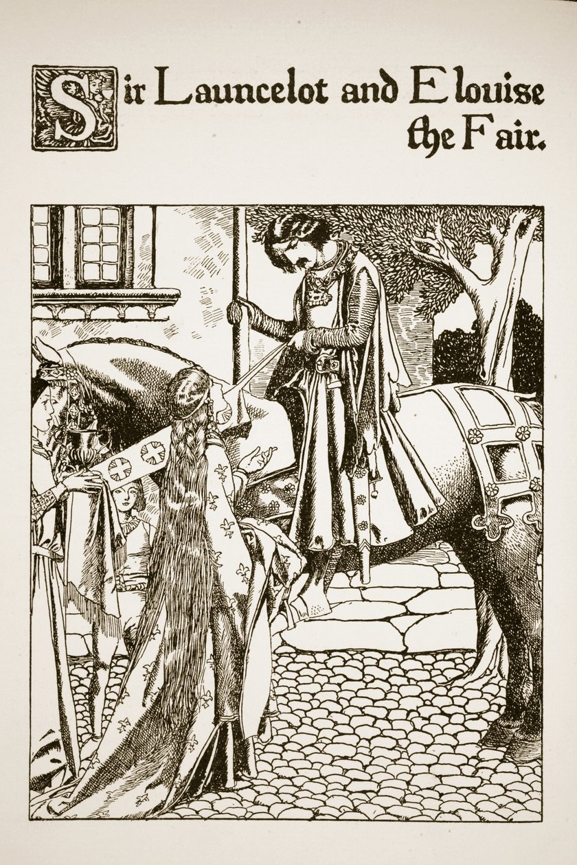 Sir Launcelot i Elouise the Fair, ilustracja z "Opowieści o mistrzach Okrągłego Stołu". autorstwa Howard Pyle