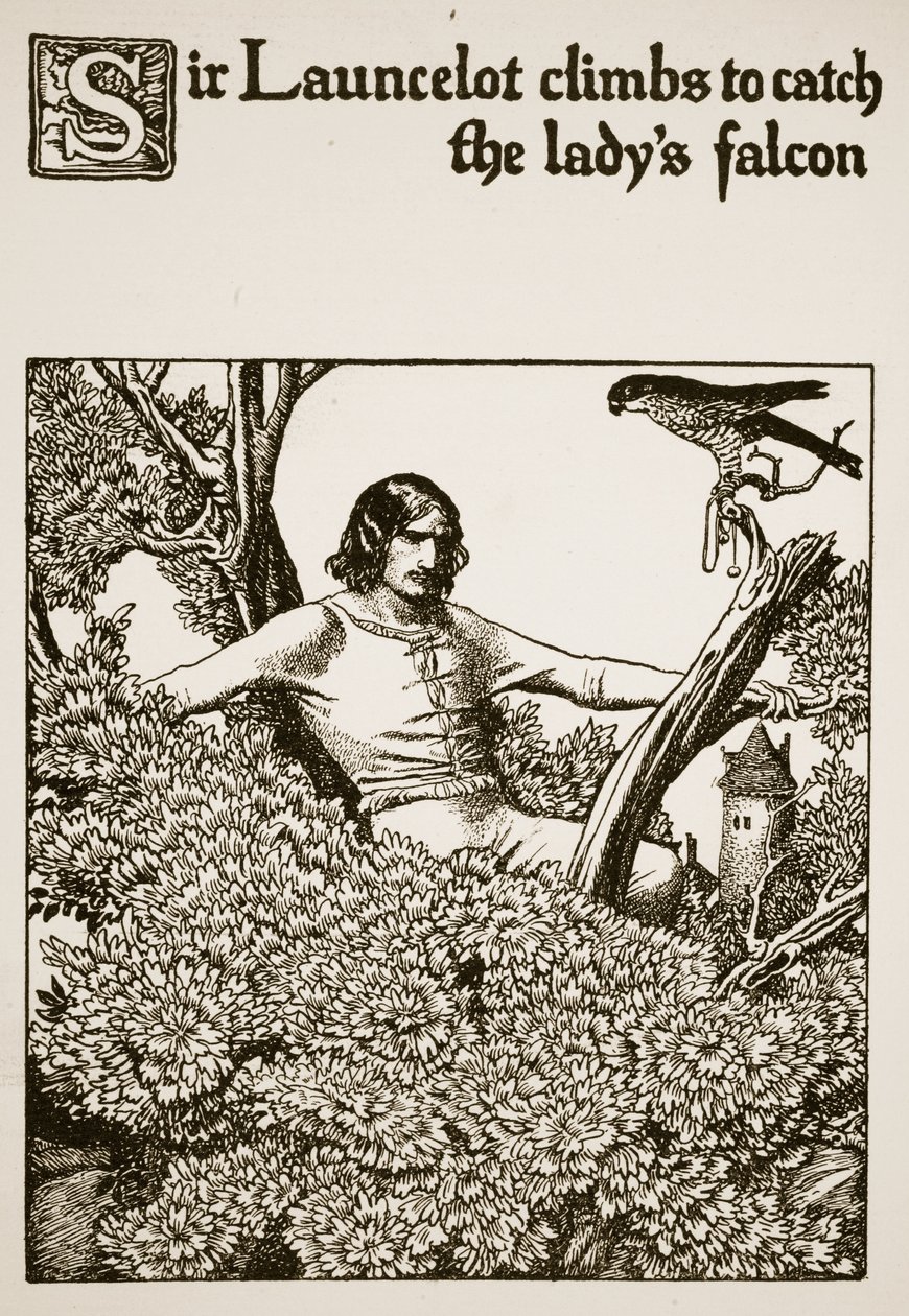 Sir Launcelot wspina się, by złapać sokoła damy, ilustracja z „Historii mistrzów Okrągłego Stołu” autorstwa Howard Pyle