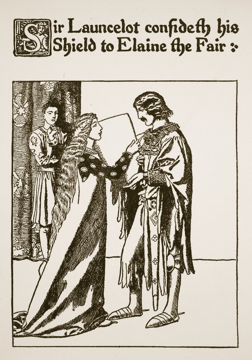 Sir Launcelot powierza swoją Tarczę Elaine Pięknej, ilustracja z „Historii Sir Launcelota i jego towarzyszy”, 1907 autorstwa Howard Pyle