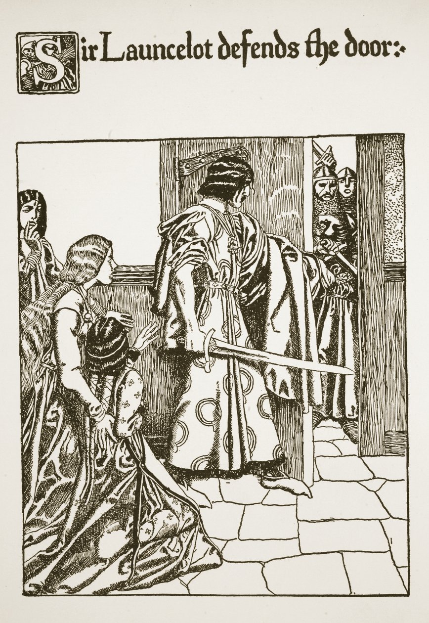 Sir Launcelot broni drzwi, ilustracja z „Historii o Graalu i odejściu Artura”, ok. 1910 autorstwa Howard Pyle
