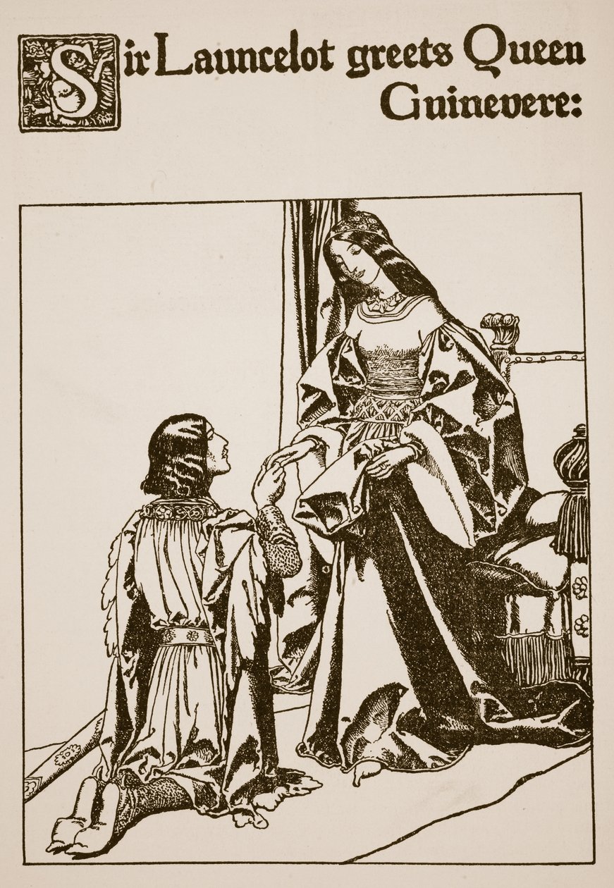 Sir Launcelot wita królową Ginewrę, ilustracja z „Historii mistrzów Okrągłego Stołu” autorstwa Howard Pyle