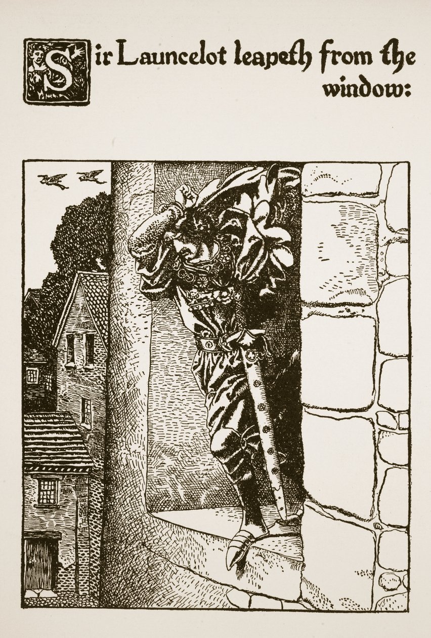 Sir Launcelot wyskakuje z okna, ilustracja z „Historii Sir Launcelota i jego towarzyszy”, 1907 autorstwa Howard Pyle