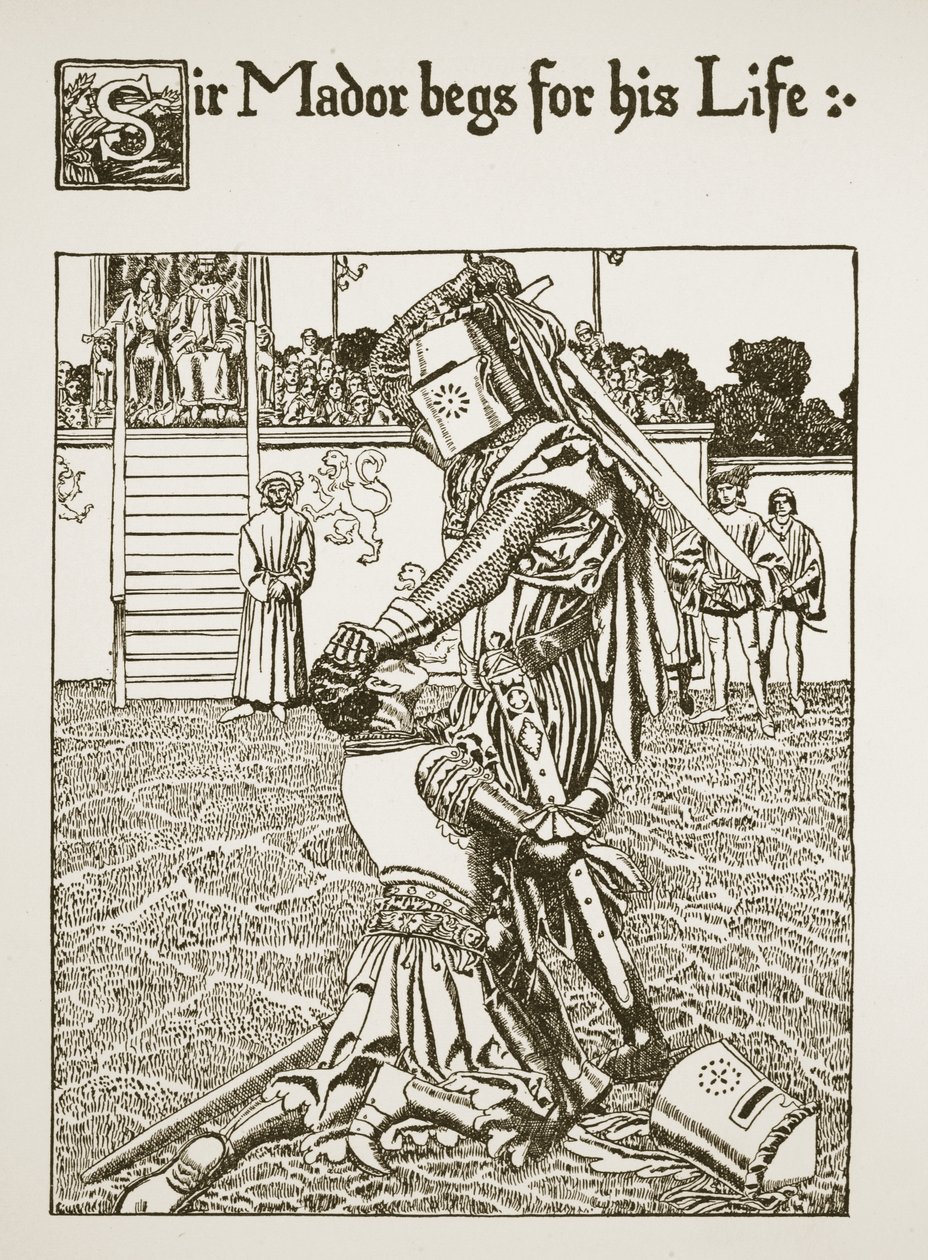 Sir Mador błaga o życie, ilustracja z „Historii o Graalu i odejściu Artura”, ok. 1910 autorstwa Howard Pyle