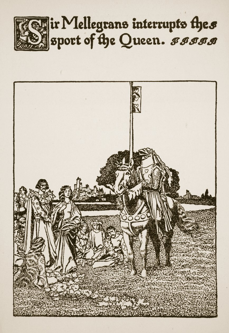 Sir Mellegrans przerywa zabawę królowej, ilustracja z „The Story of Sir Launcelot and his Companions”, 1907 autorstwa Howard Pyle