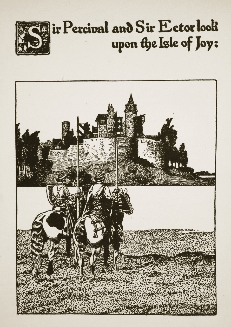 Sir Percival i Sir Ector patrzą na Wyspę Radości, ilustracja z "Opowieści o Sir Launcelocie i jego towarzyszach", 1907 autorstwa Howard Pyle