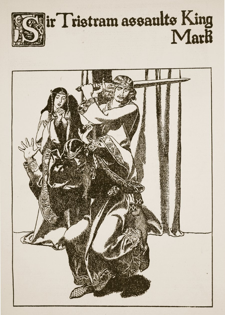 Sir Tristram atakuje króla Marka, ilustracja z „Historii mistrzów Okrągłego Stołu” autorstwa Howard Pyle