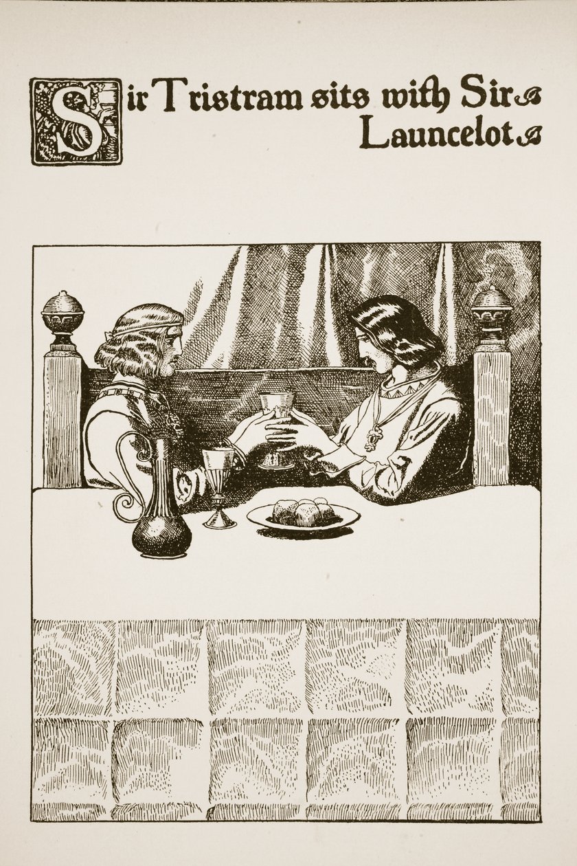 Sir Tristram siedzi z Sir Launcelotem, ilustracja z "Opowieści o mistrzach Okrągłego Stołu". autorstwa Howard Pyle