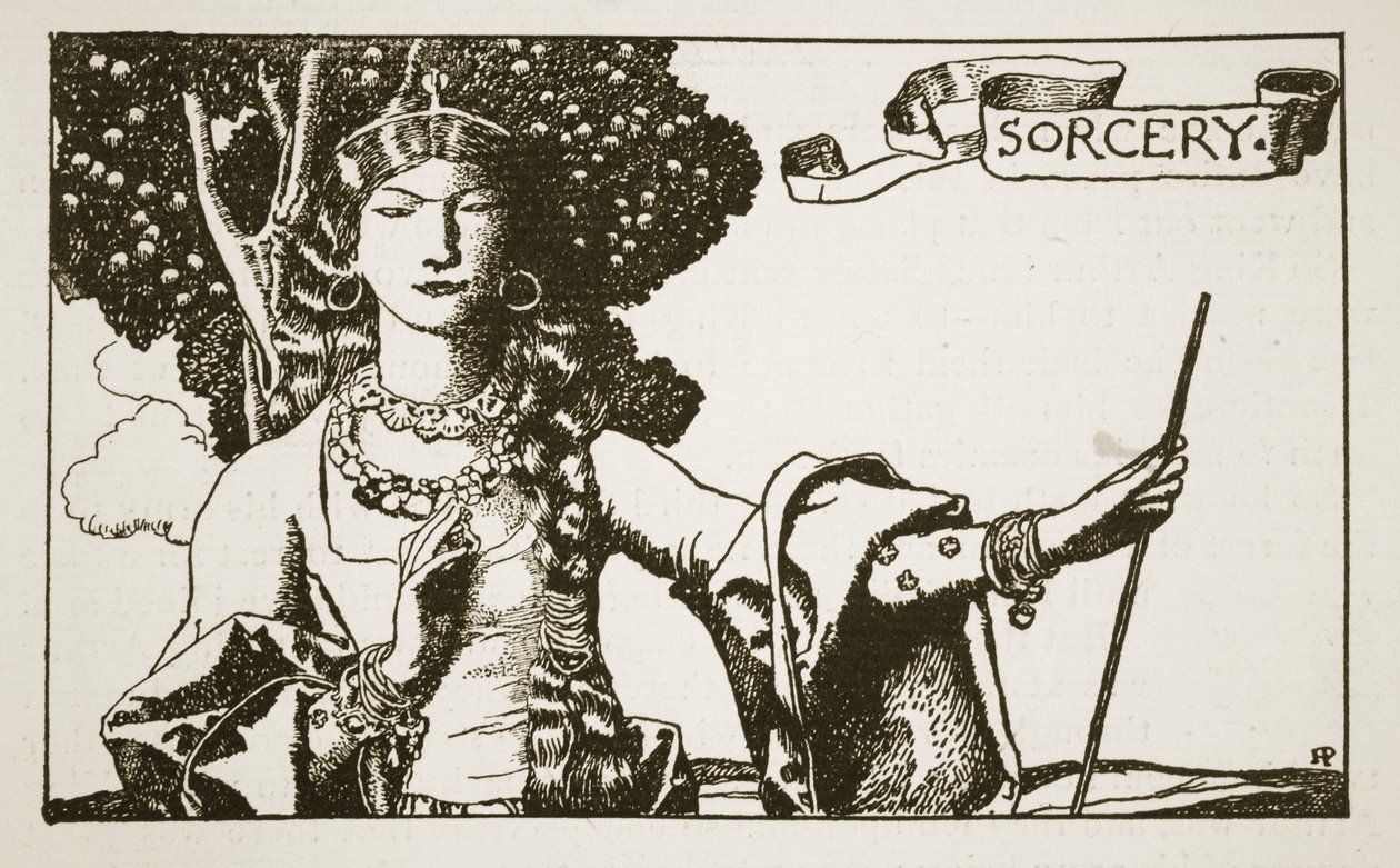 Czarnoksięstwo, ilustracja z „Historii króla Artura i jego rycerzy”, 1903 autorstwa Howard Pyle