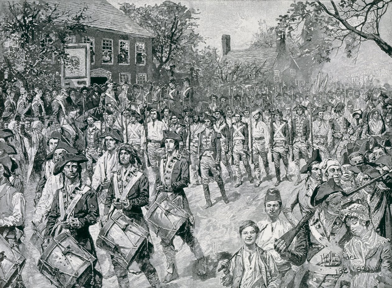 Armia Kontynentalna Maszerująca Starym Bowery, Nowy Jork, 25 listopada 1783, ilustracja z „Ewakuacji 1783” Eugene