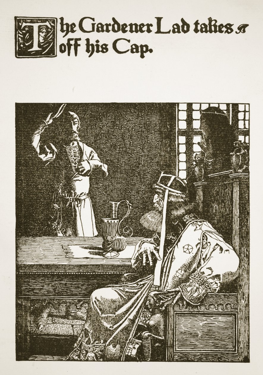 Chłopiec ogrodnik zdejmuje czapkę, ilustracja z „Historii króla Artura i jego rycerzy”, 1903 autorstwa Howard Pyle