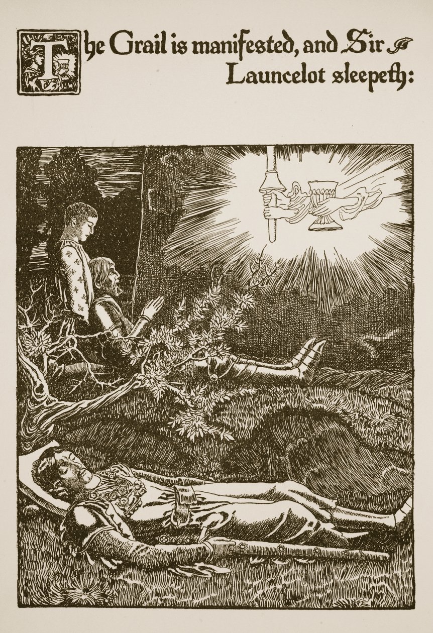 Ukazuje się Graal i sir Launcelot śpi, ilustracja z „Historii o Graalu i odejściu Artura”, ok. 1910 r. autorstwa Howard Pyle