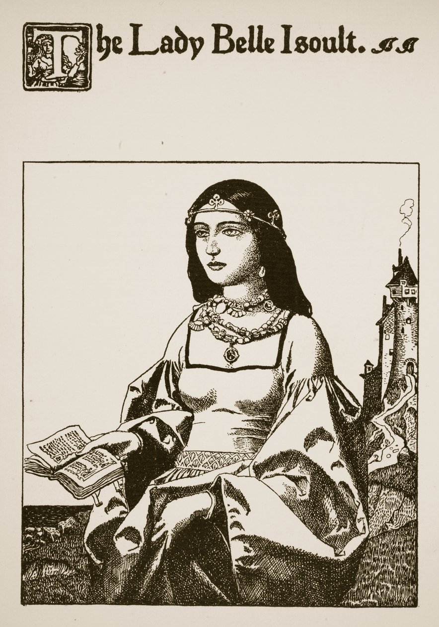 Dama Belle Isoult, ilustracja z "Opowieści o mistrzach Okrągłego Stołu". autorstwa Howard Pyle