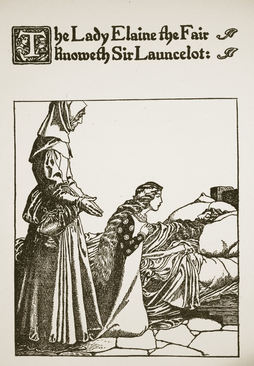Lady Elaine the Fair zna Sir Launcelota, ilustracja z „Historii Sir Launcelota i jego towarzyszy”, 1907 autorstwa Howard Pyle