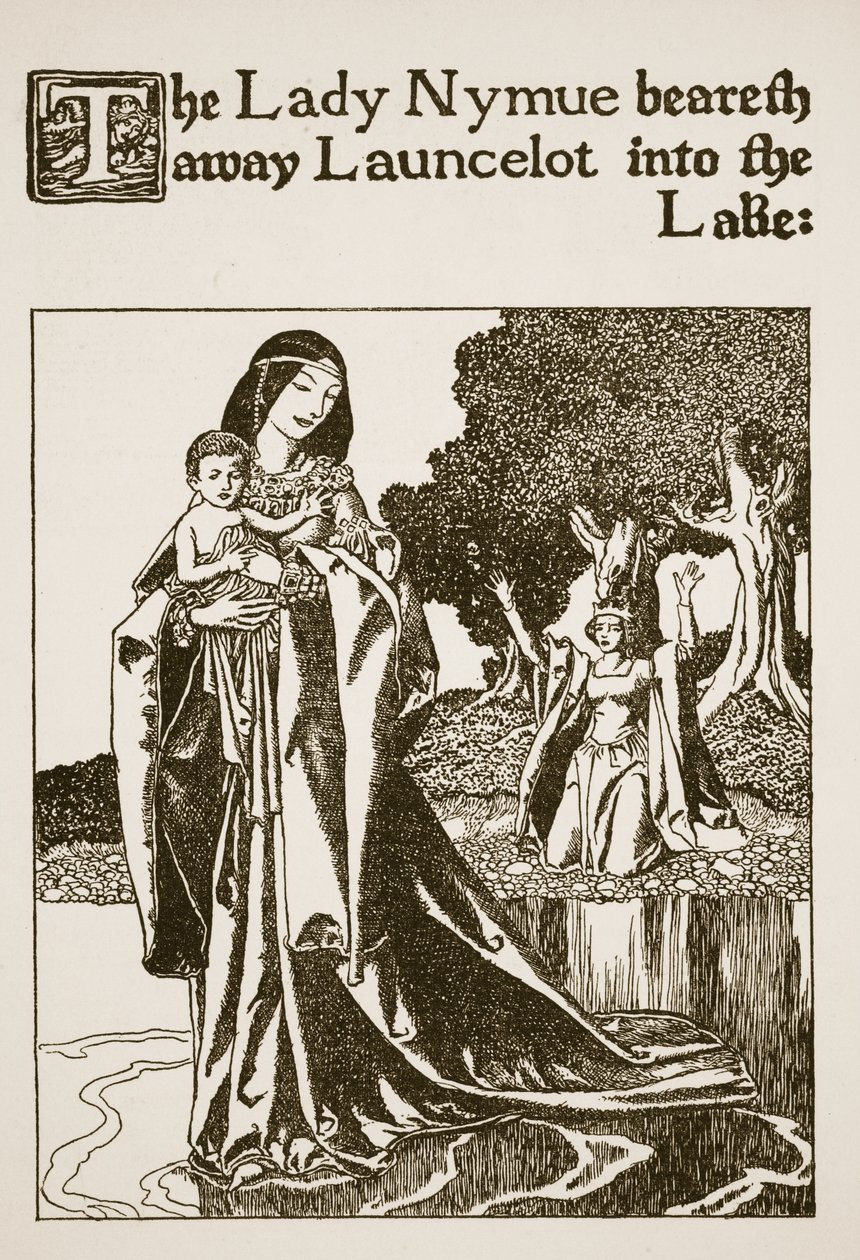 Lady Nymue zabiera Launcelota do jeziora, ilustracja z „Historii mistrzów Okrągłego Stołu” autorstwa Howard Pyle