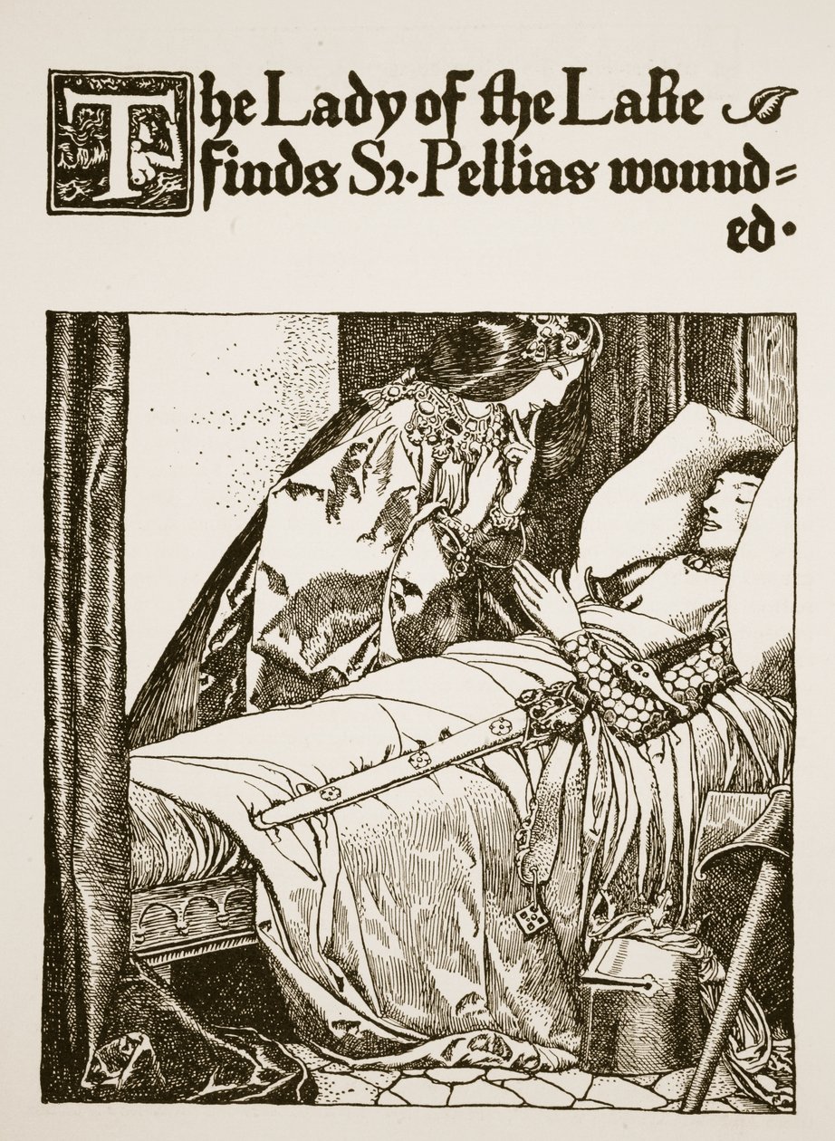 Pani Jeziora znajduje rannego Sir Pelliasa, ilustracja z „Historii króla Artura i jego rycerzy”, 1903 autorstwa Howard Pyle