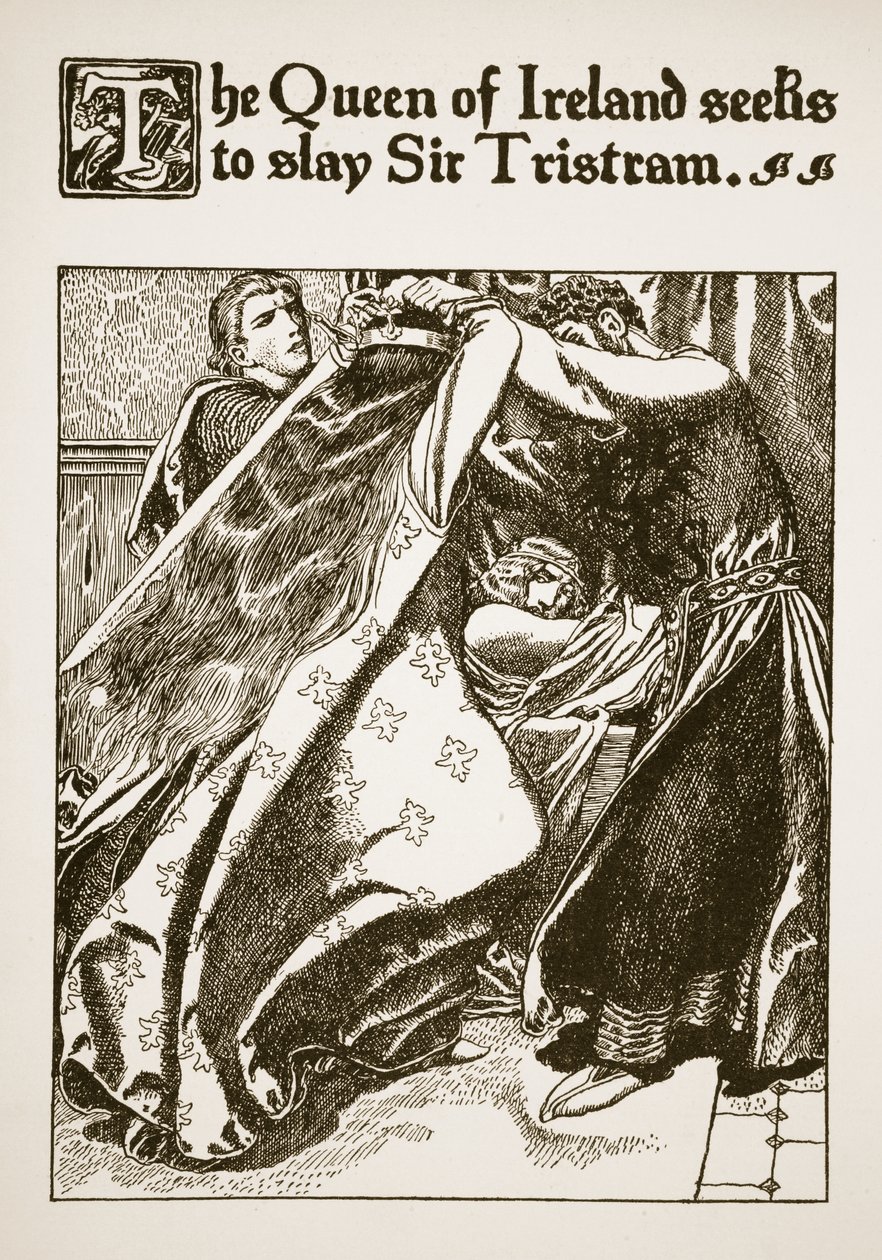 Królowa Irlandii usiłuje zabić Sir Tristrama, ilustracja z "Opowieści o mistrzach Okrągłego Stołu". autorstwa Howard Pyle