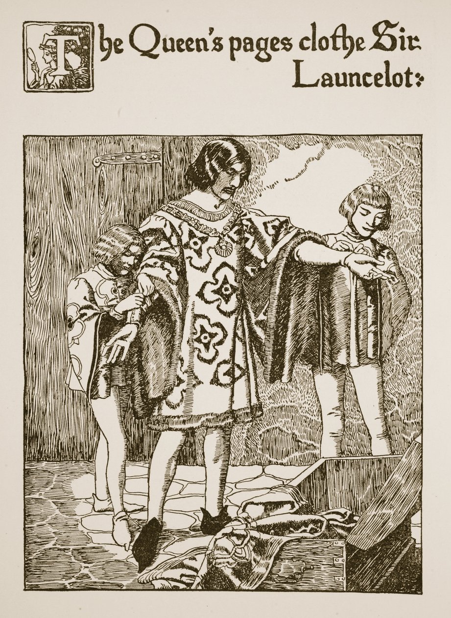 Strony królowej ubierają Sir Launcelota, ilustracja z „Historii o Graalu i odejściu Artura”, ok. 1910 autorstwa Howard Pyle