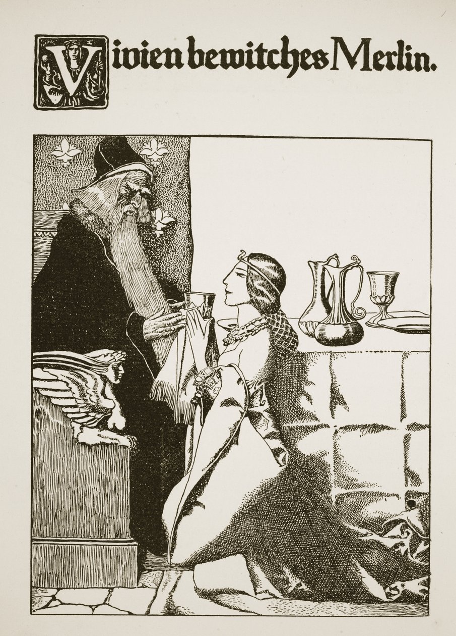 Vivien oczarowuje Merlina, ilustracja z „Historii króla Artura i jego rycerzy”, 1903 autorstwa Howard Pyle