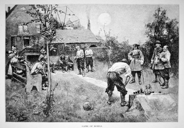 Gra w kręgle w XVII-wiecznej Ameryce kolonialnej (lito) autorstwa Howard (after) Pyle