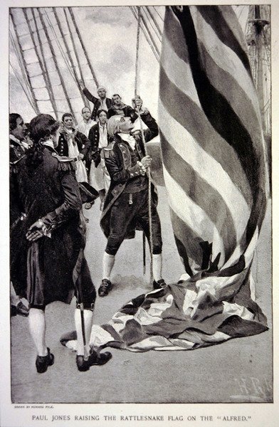 John Paul Jones wznoszący amerykańską flagę grzechotnika na Alfredzie (lito) autorstwa Howard (after) Pyle