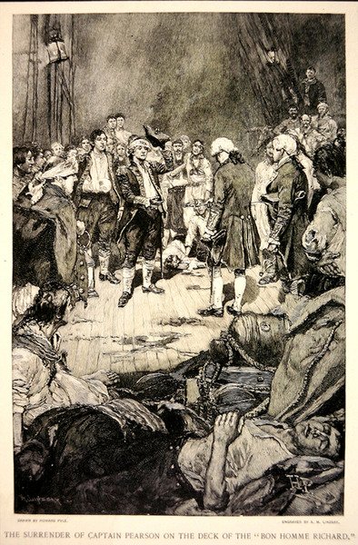 Poddanie się kapitana Pearsona Johnowi Paulowi Jonesowi na pokładzie "Bonhomme Richard" w 1779 r. (lito) autorstwa Howard (after) Pyle
