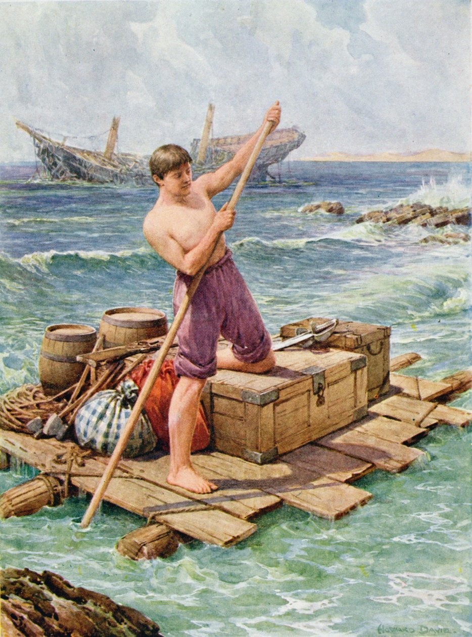 Przynoszenie tratwy z wraku, ilustracja do „Robinson Crusoe” Daniela Defoe (1660-1731) (kolor litho) autorstwa Howard Davie