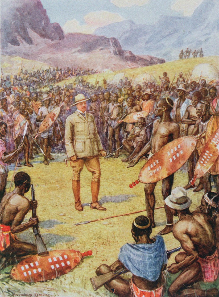 Cecil Rhodes (1853-1902) z Matabelami z „Heroes of History, wyd. Raphael Tuck & Son Ltd., Londyn (ilustracja książkowa) autorstwa Howard Davie
