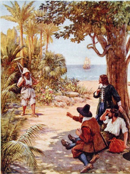 Crusoe pojawia się przed kapitanem statku, ilustracja do „Robinson Crusoe” Daniela Defoe (1660-1731) (kolor lito) autorstwa Howard Davie