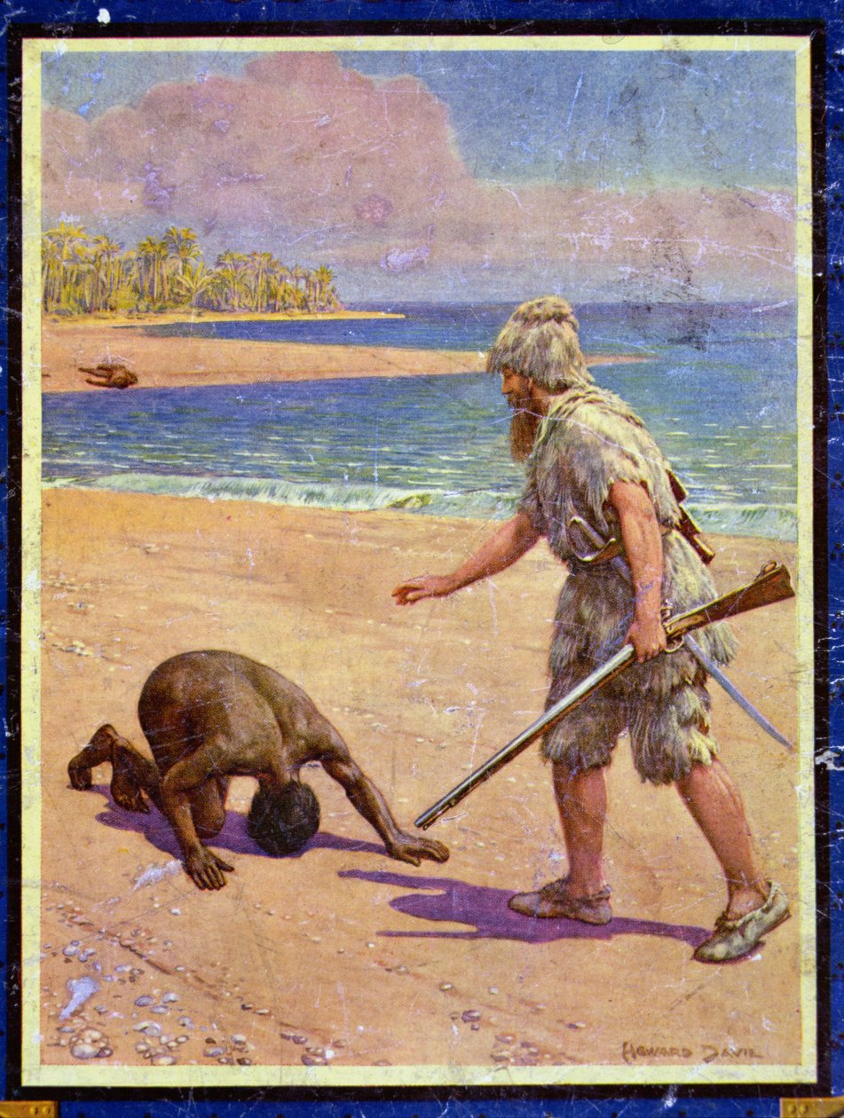 Crusoe and Man Friday, ilustracja do „Robinson Crusoe” Daniela Defoe (1660-1731) (kolor litho) autorstwa Howard Davie